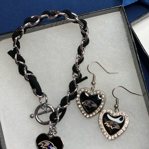 Baltimore Ravens NFL Earrings & Charm Bracelet Set Black Purple - Picture 3 of 6